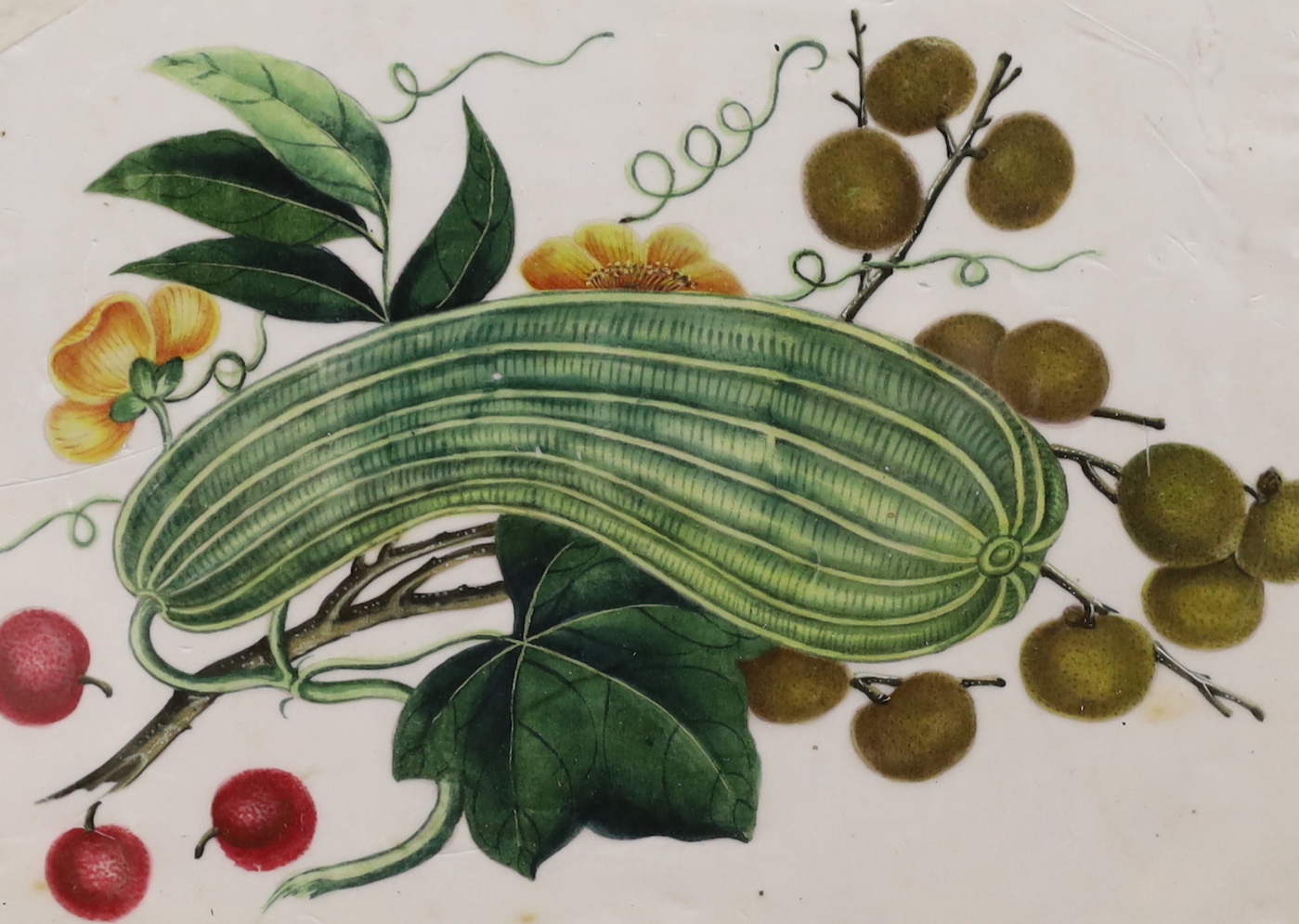 19th century Chinese School, pair of pith paper paintings, Still lifes of fruit, 16 x 23cm, housed in decorative frames